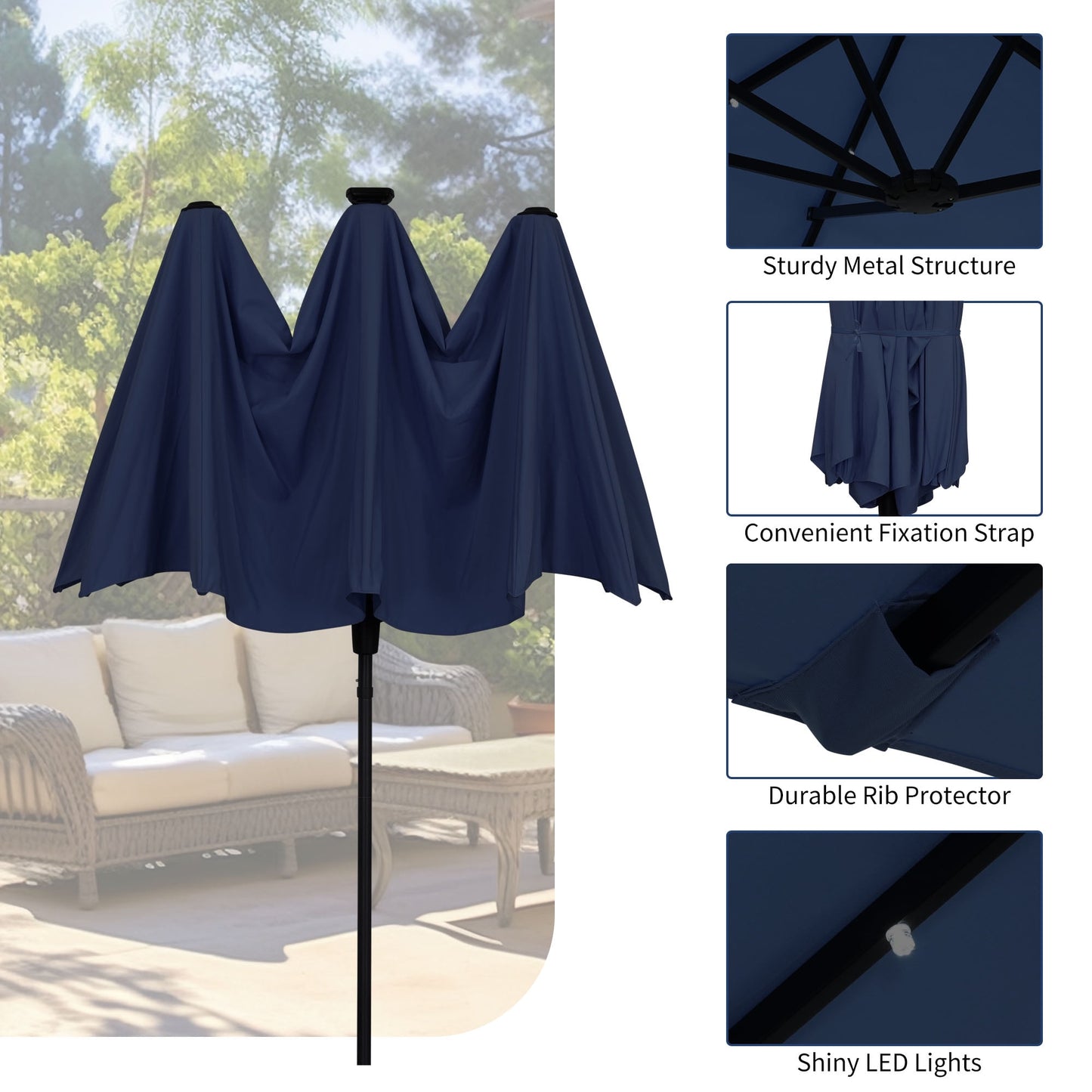 Autlaycil 13 Ft Solar LED Patio Umbrella, 36 Solar Powered LED Lights & Crank System for Garden, Deck, Poolside, Patio, Navy Blue