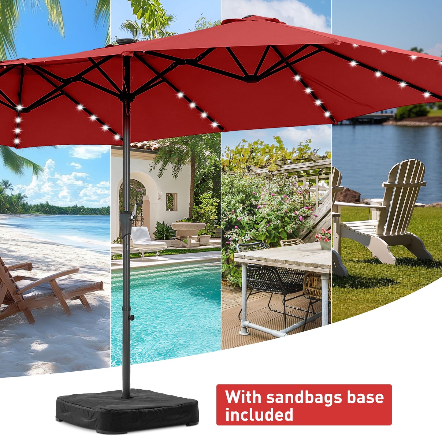 Autlaycil 15ft Large Rectangle Outdoor Patio Umbrella and 48 Solar Lights with Matching Base, Market, Beach, Garden, Yard, Party, Red
