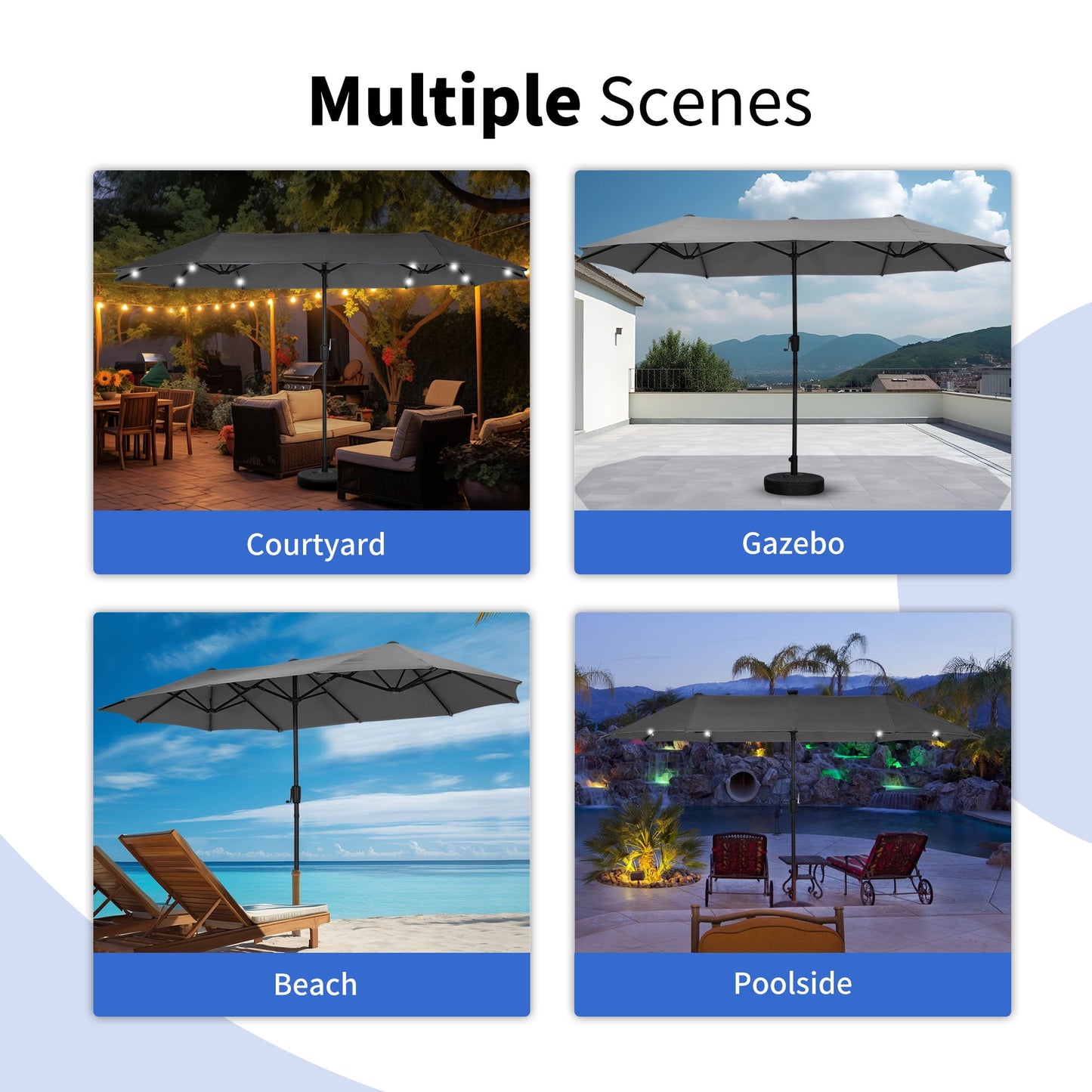 Autlaycil 13 Ft Solar LED Patio Umbrella, 36 Solar Powered LED Lights & Crank System for Garden, Deck, Poolside, Patio, Grey