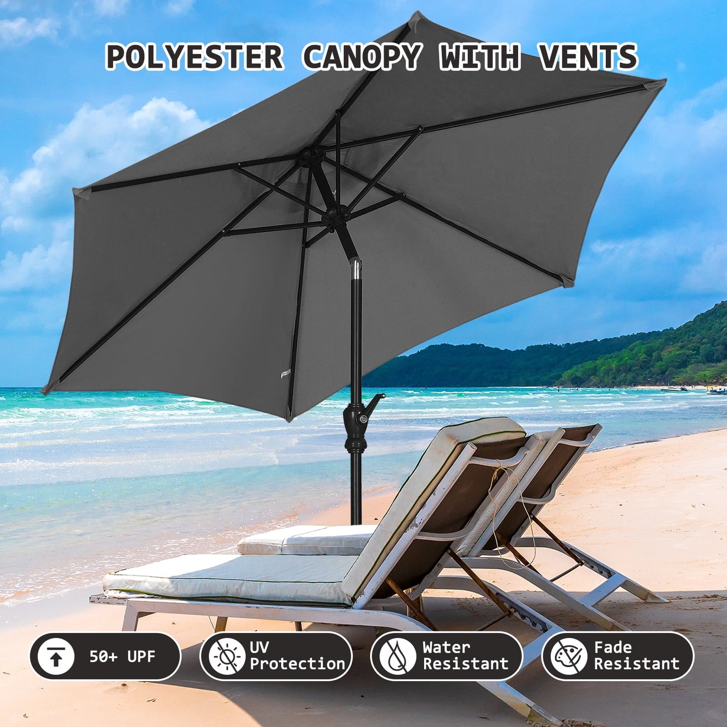 Autlaycil 7.5ft Outdoor Patio Umbrella with Tilt, Crank and Sturdy Ribs for Lawn, Garden, Backyard and Pool, Grey