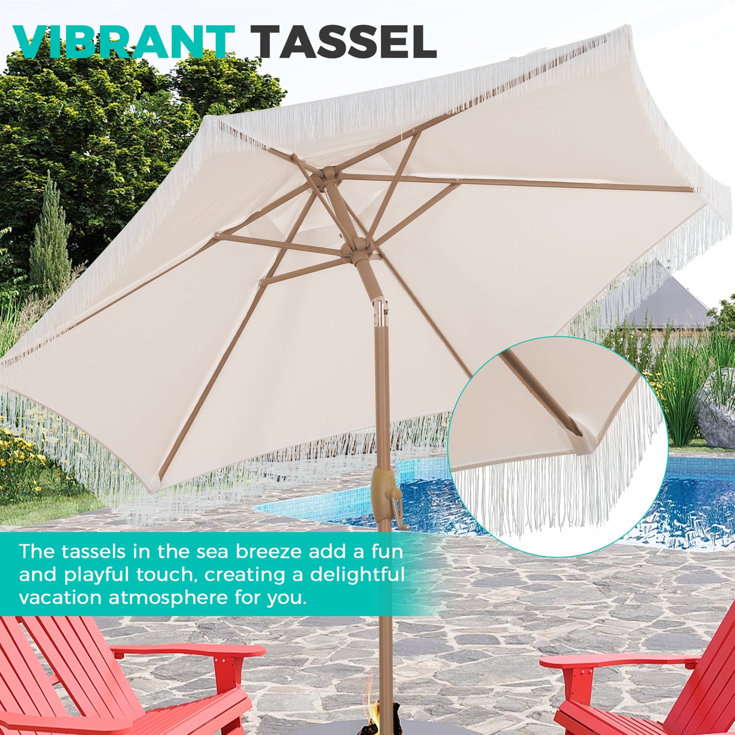 Autlaycil 7.5 ft Fringe Patio Umbrella for Beach, Pool, Adjustable Outdoor Market Umbrellas,Tassel Stylish - Beige