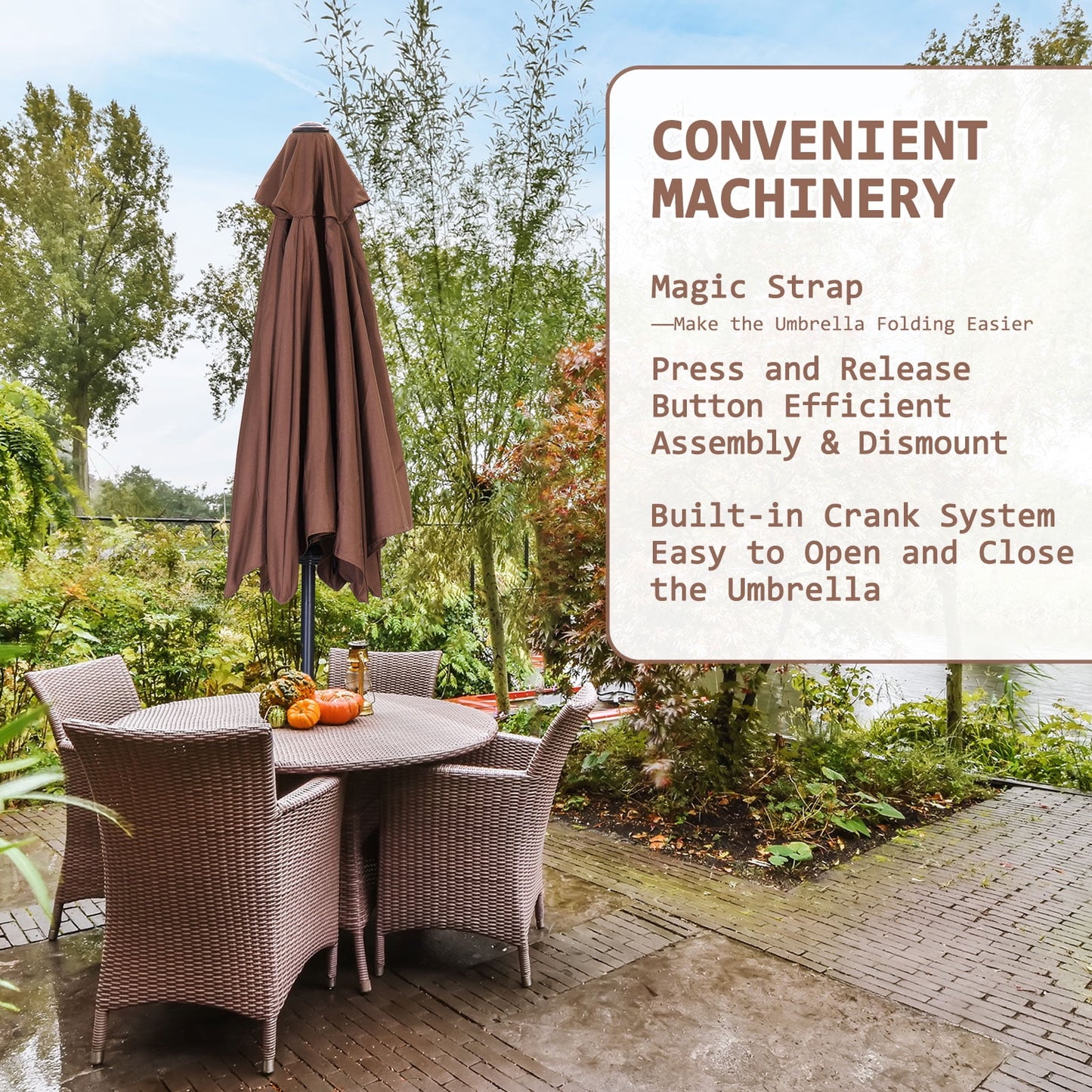 Autlaycil 7.5 ft Brown Patio Umbrella and Decorated Base, with Push Button Tilt and Crank for Beach, Pool, Outdoor