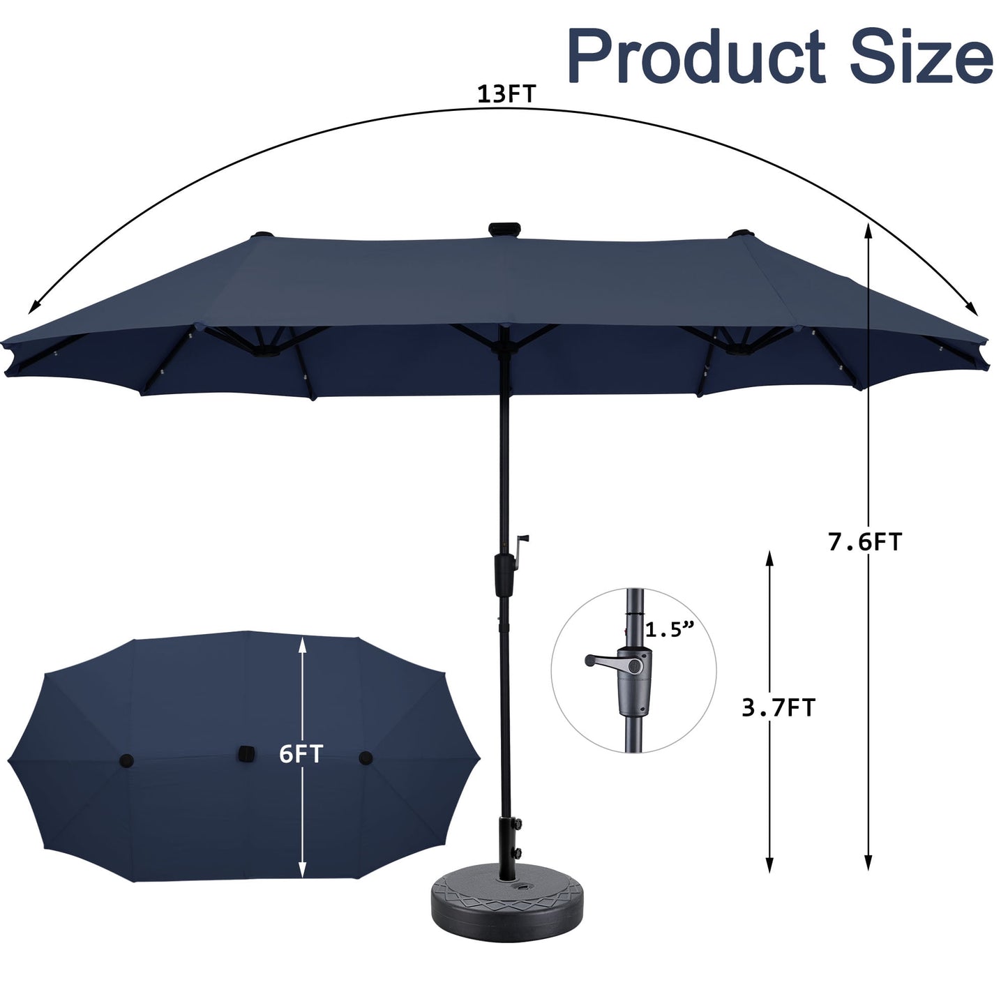 Autlaycil 13 ft Rectangle Patio Umbrella with Umbrella Base 36 LED lights for Market Patio Solar Umbrella (Navy Blue)
