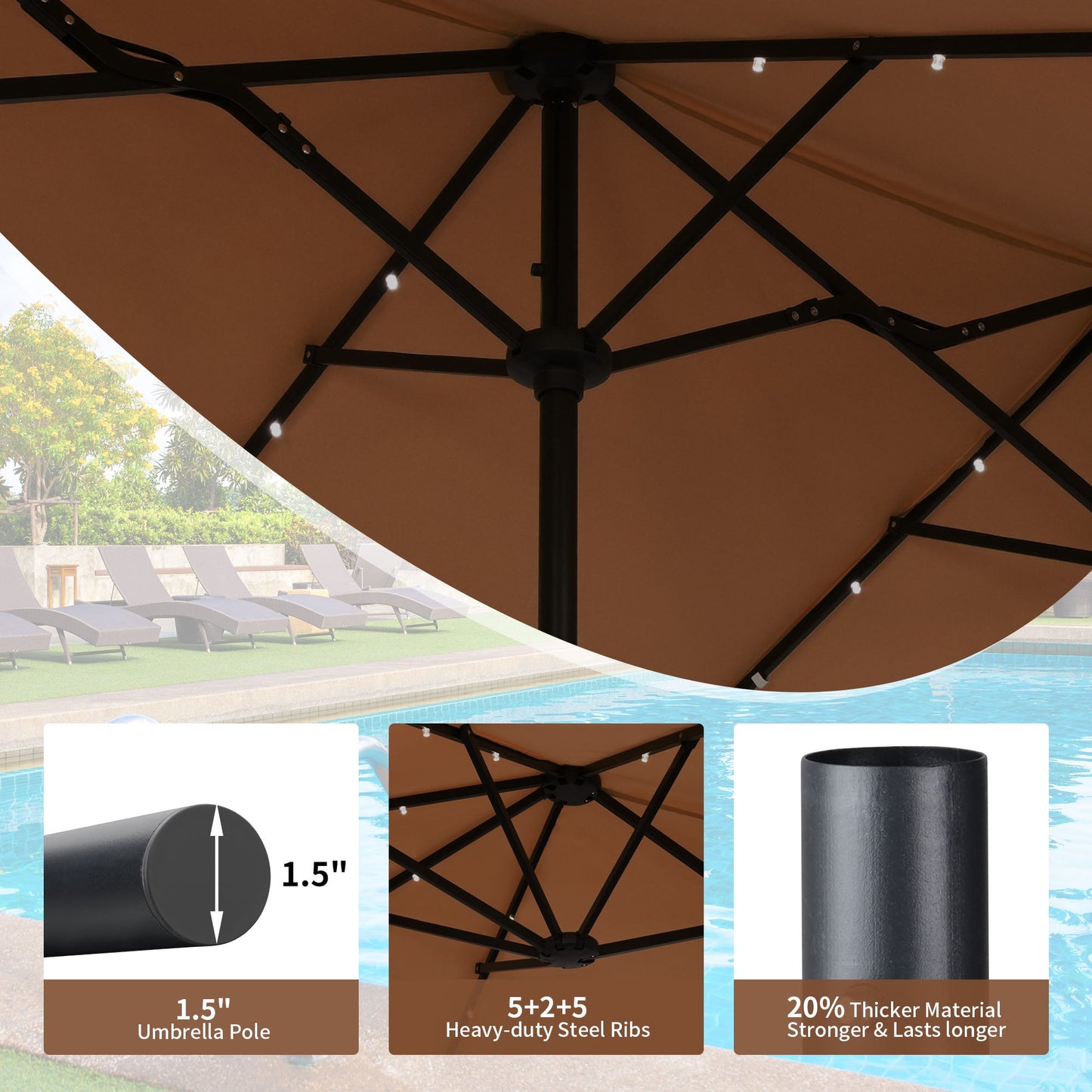 Autlaycil 13 Ft Solar LED Patio Umbrella, 36 Solar Powered LED Lights & Crank System for Garden, Deck, Poolside, Patio, Coffee
