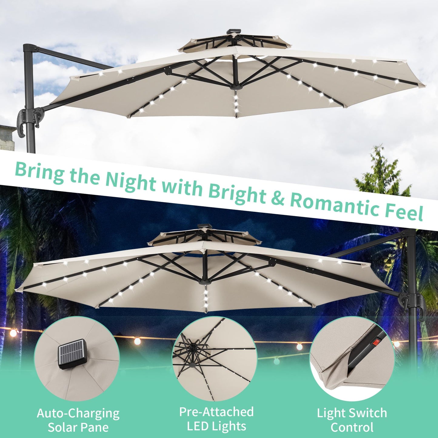 Autlaycil 10 FT Aluminum Offset Outdoor Cantilever Umbrella with 35 Solar Lights, and 360-degree Rotation, 2-Tier Patio Umbrella, White