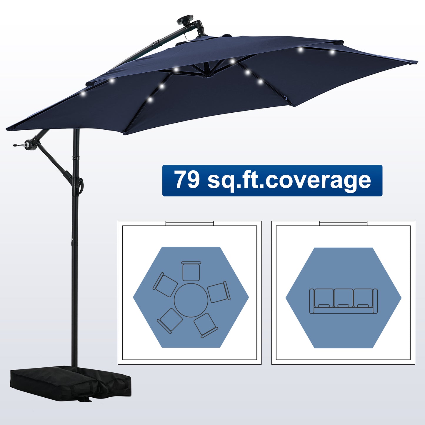 Autlaycil 10 ft Cantilever Offset Outdoor Patio Umbrella with Base Stand Rotate and Tilt,24 Solar LED Lights, Navy Blue