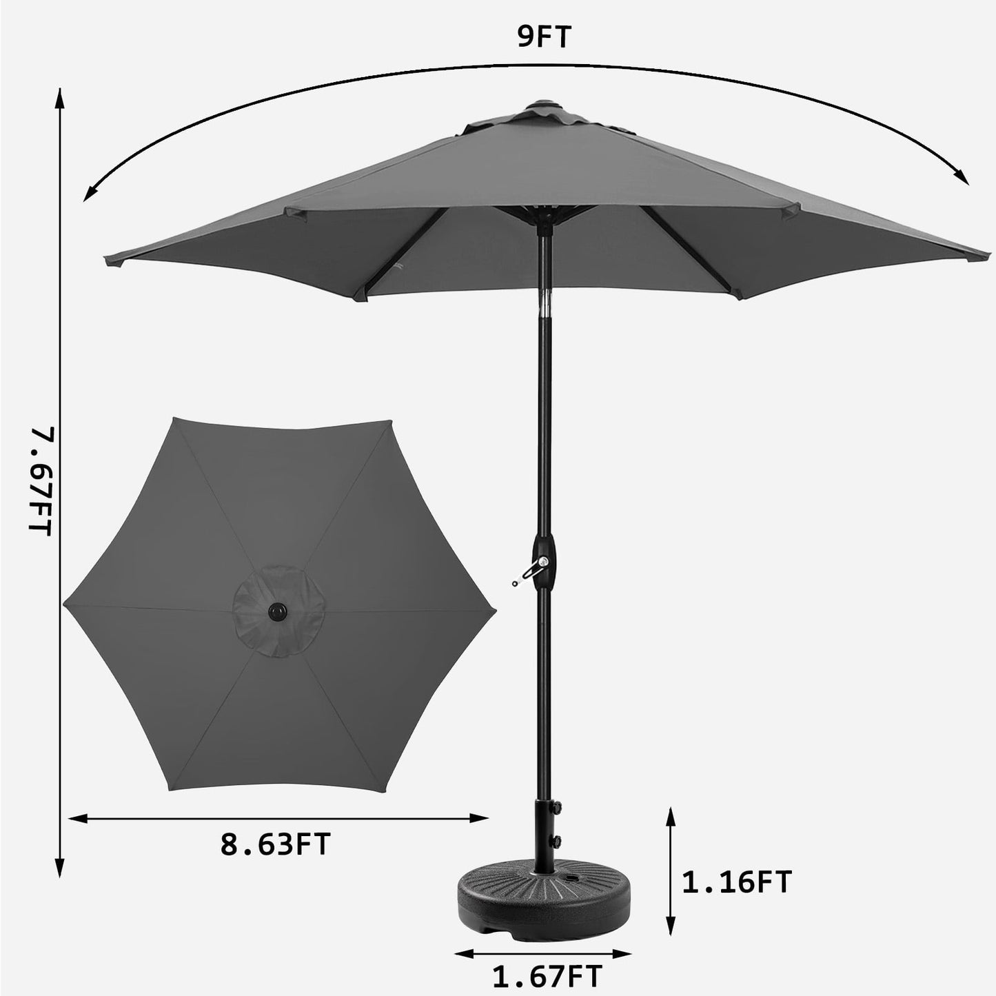 Autlaycil 9ft Outdoor Patio Umbrella and 48 lbs Heavy Duty Water Suitable for Base Stand, Outdoor Market Umbrella with Tilting Crank and Base Included-Grey