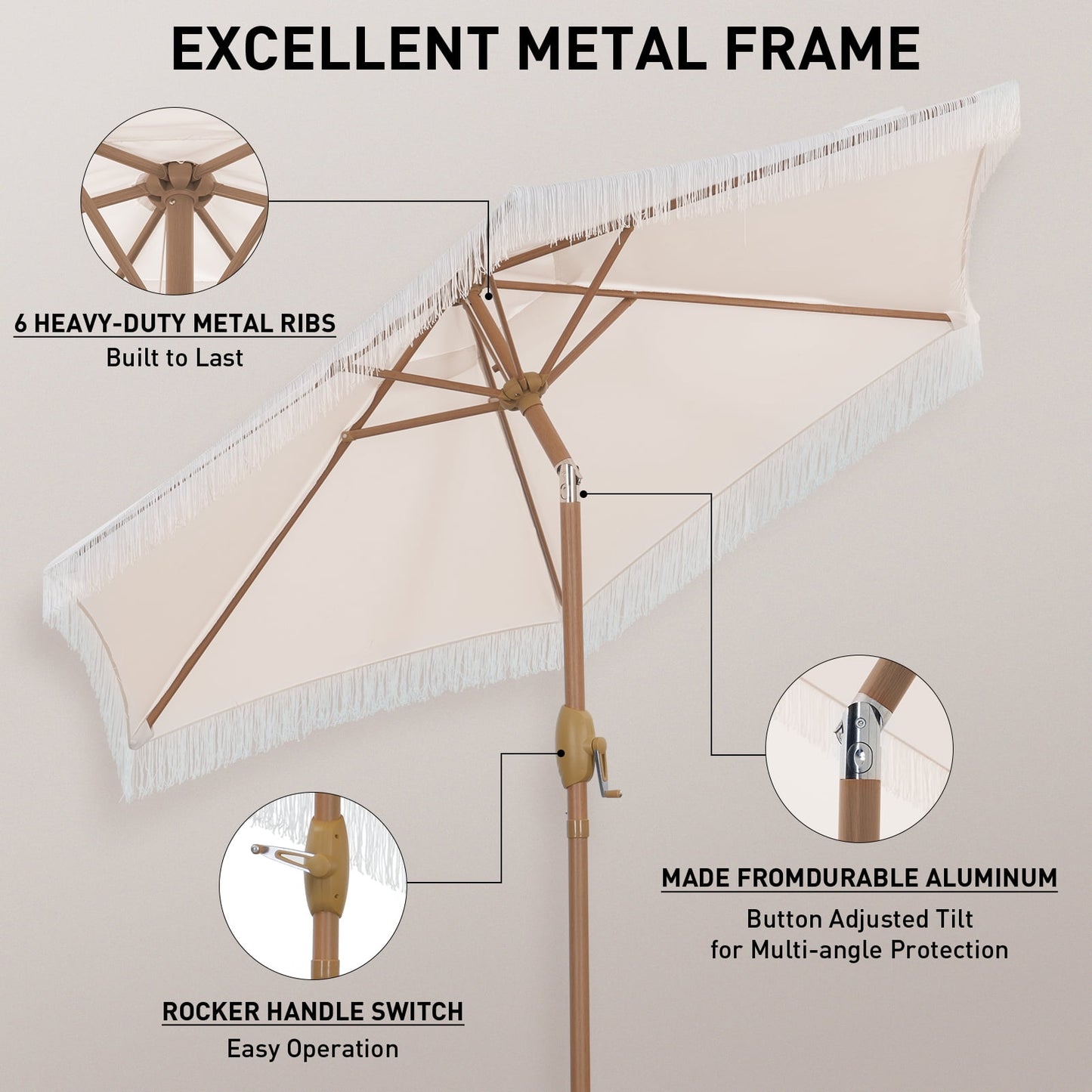 Autlaycil 7.5 ft Off White Fringe Patio Umbrella and Base, with Push Button Tilt and Crank for Beach, Pool, Outdoor