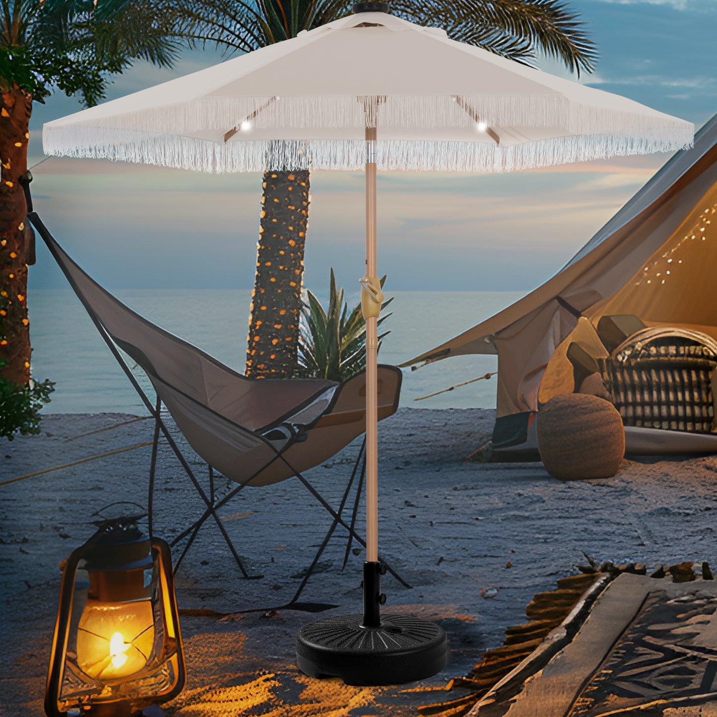 Autlaycil 7.5 ft Patio Umbrella and Umbrella Base with Tassel Fringe Stylish, 18 LED Lights Solar Umbrella (Beige)