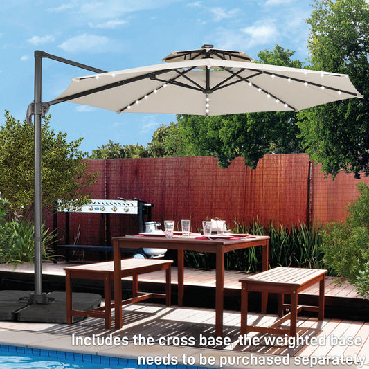 Autlaycil 10 FT Aluminum Offset Outdoor Cantilever Umbrella with 35 Solar Lights, and 360-degree Rotation, 2-Tier Patio Umbrella, White