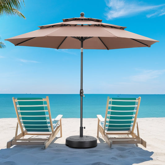 Autlaycil 10 ft Patio Umbrella with Base 3 Tiers Adjustable Outdoor Market Umbrella with Crank for Beach Pool (Coffee)