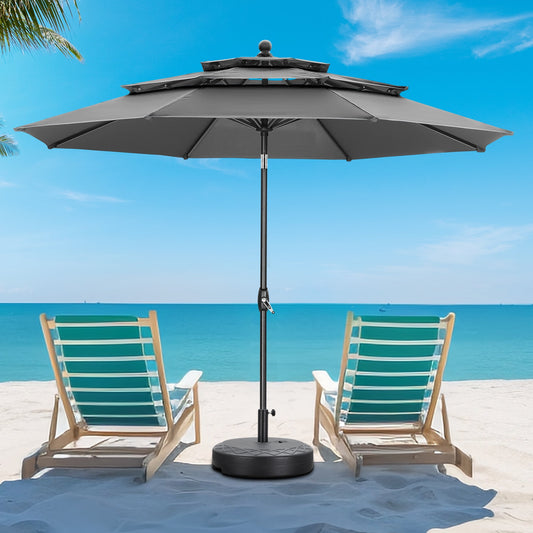 Autlaycil 10 ft Patio Umbrella with Base 3 Tiers Adjustable Outdoor Market Umbrella with Crank for Beach Pool (Grey)