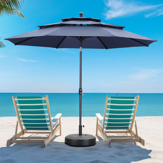 Autlaycil 10 ft Patio Umbrella with Base 3 Tiers Adjustable Outdoor Market Umbrella with Crank for Beach Pool (Navy Blue)