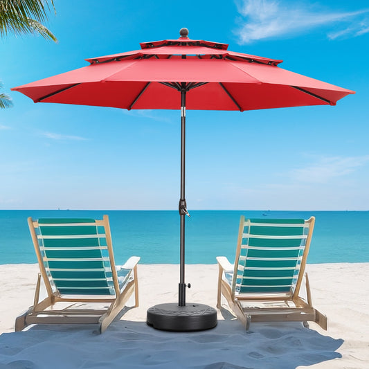 Autlaycil 10 ft Patio Umbrella with Base 3 Tiers Adjustable Outdoor Market Umbrella with Crank for Beach Pool (Red)