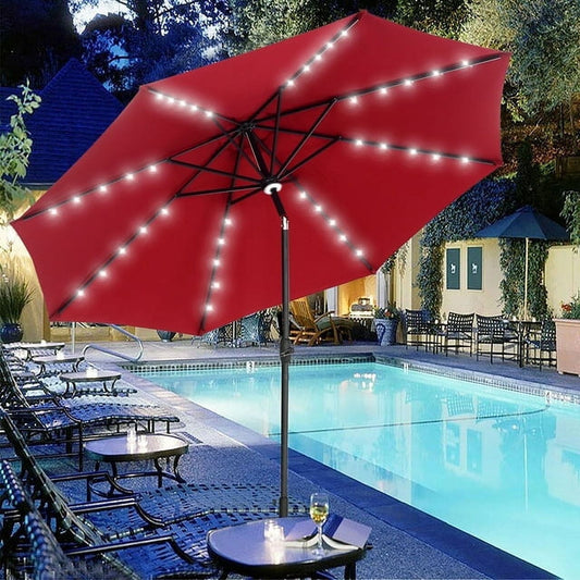 Autlaycil 10 FT Patio Umbrella with Steel Tilt and Crank, 40 Solar LED Lights and 1 Central Light, Red