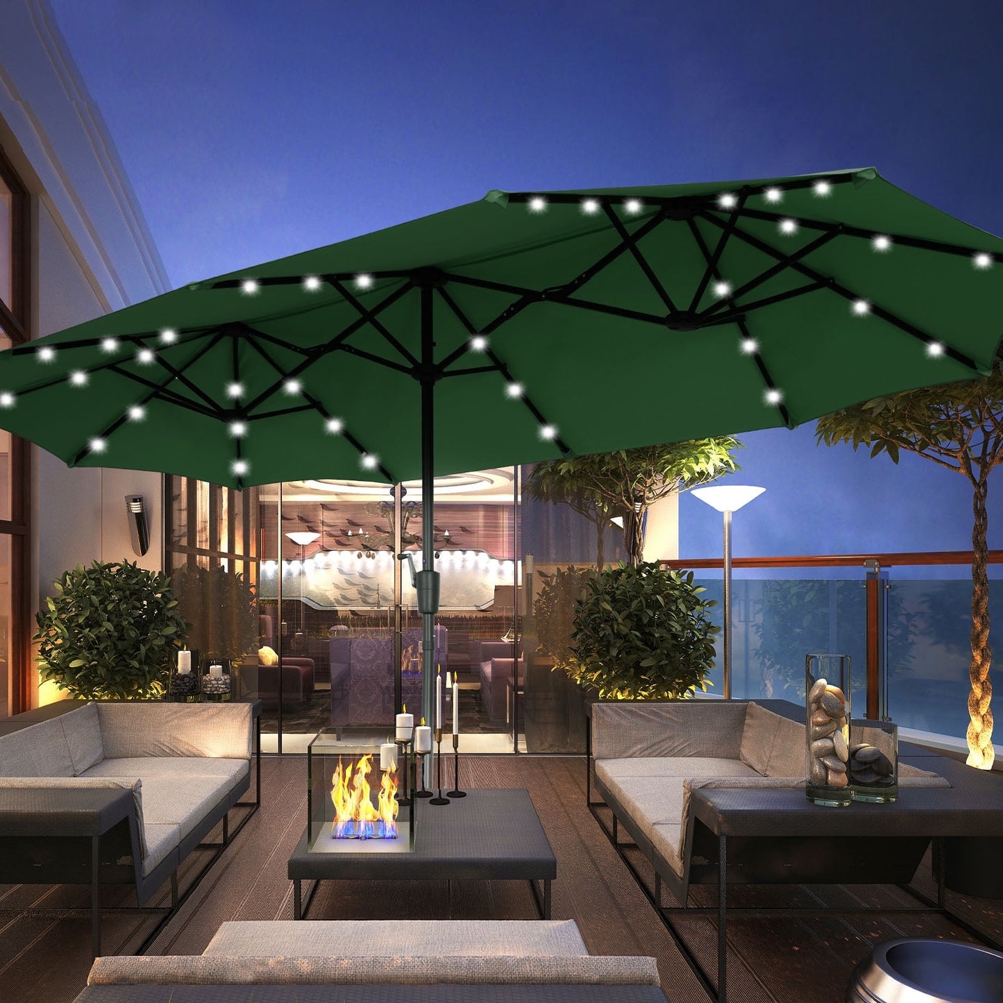 Autlaycil 13 Ft Solar LED Patio Umbrella, 36 Solar Powered LED Lights & Crank System for Garden, Deck, Poolside, Patio, Green