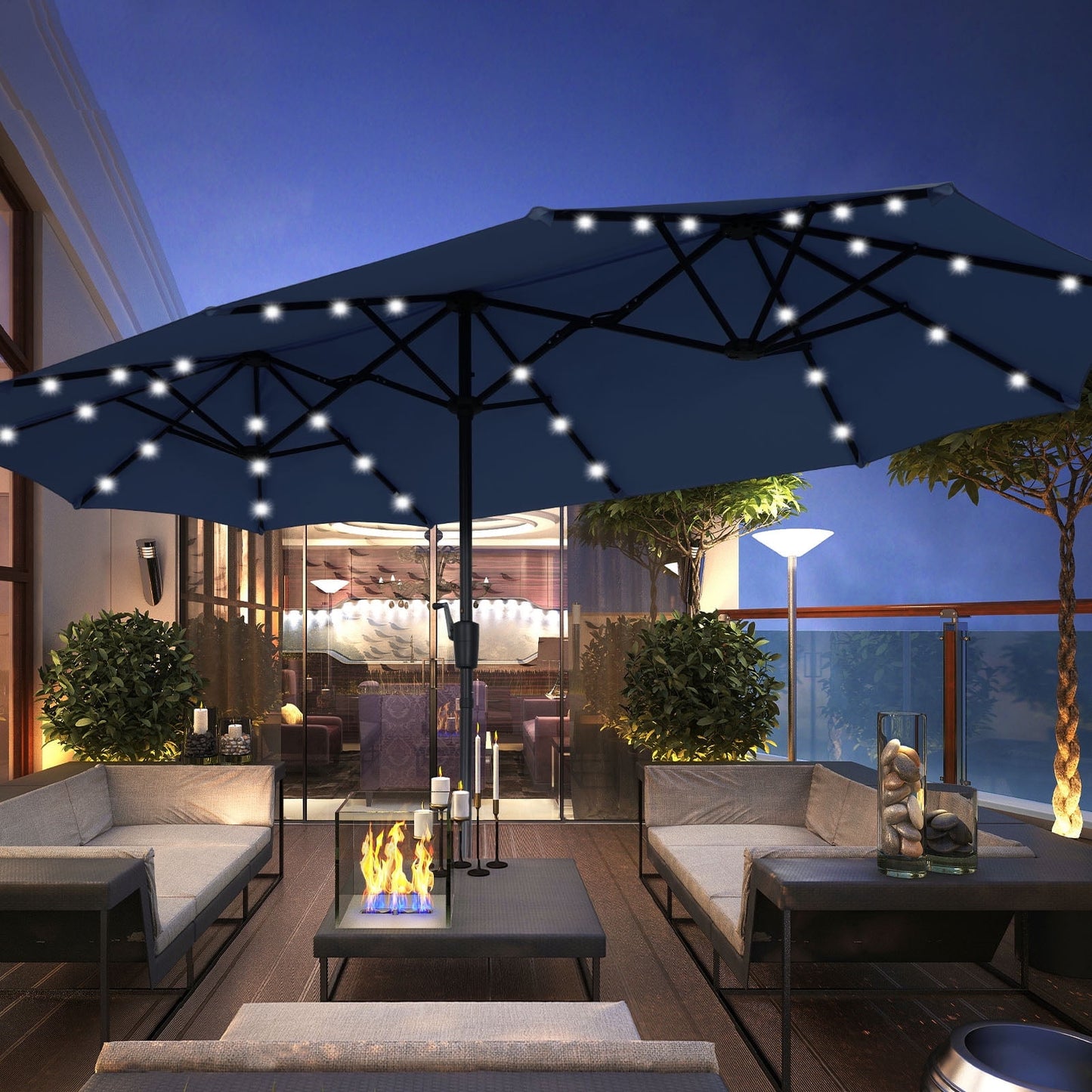 Autlaycil 13 Ft Solar LED Patio Umbrella, 36 Solar Powered LED Lights & Crank System for Garden, Deck, Poolside, Patio, Navy Blue