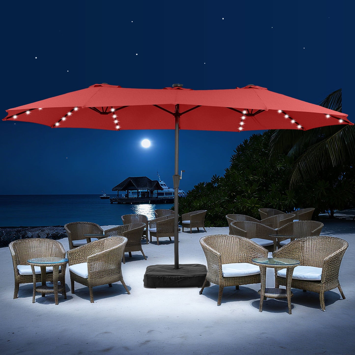 Autlaycil 15ft Large Rectangle Outdoor Patio Umbrella and 48 Solar Lights with Matching Base, Market, Beach, Garden, Yard, Party, Red