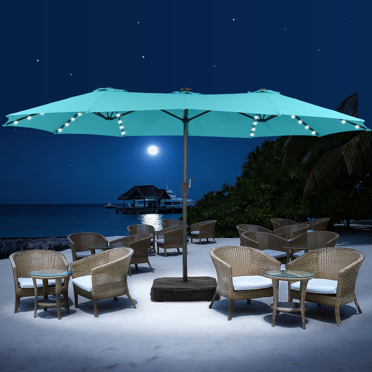 Autlaycil 15ft Large Rectangle Outdoor Patio Umbrella and 48 Solar Lights with Matching Base, Market, Beach, Garden, Yard, Party, Blue