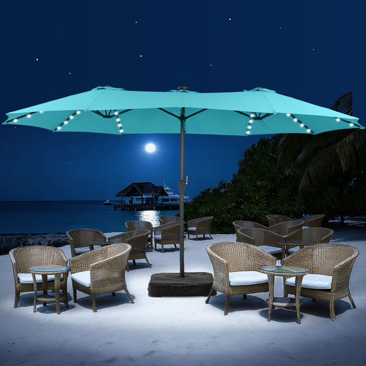 Autlaycil 15ft Large Rectangle Outdoor Patio Umbrella and 48 Solar Lights with Matching Base, Market, Beach, Garden, Yard, Party, Blue