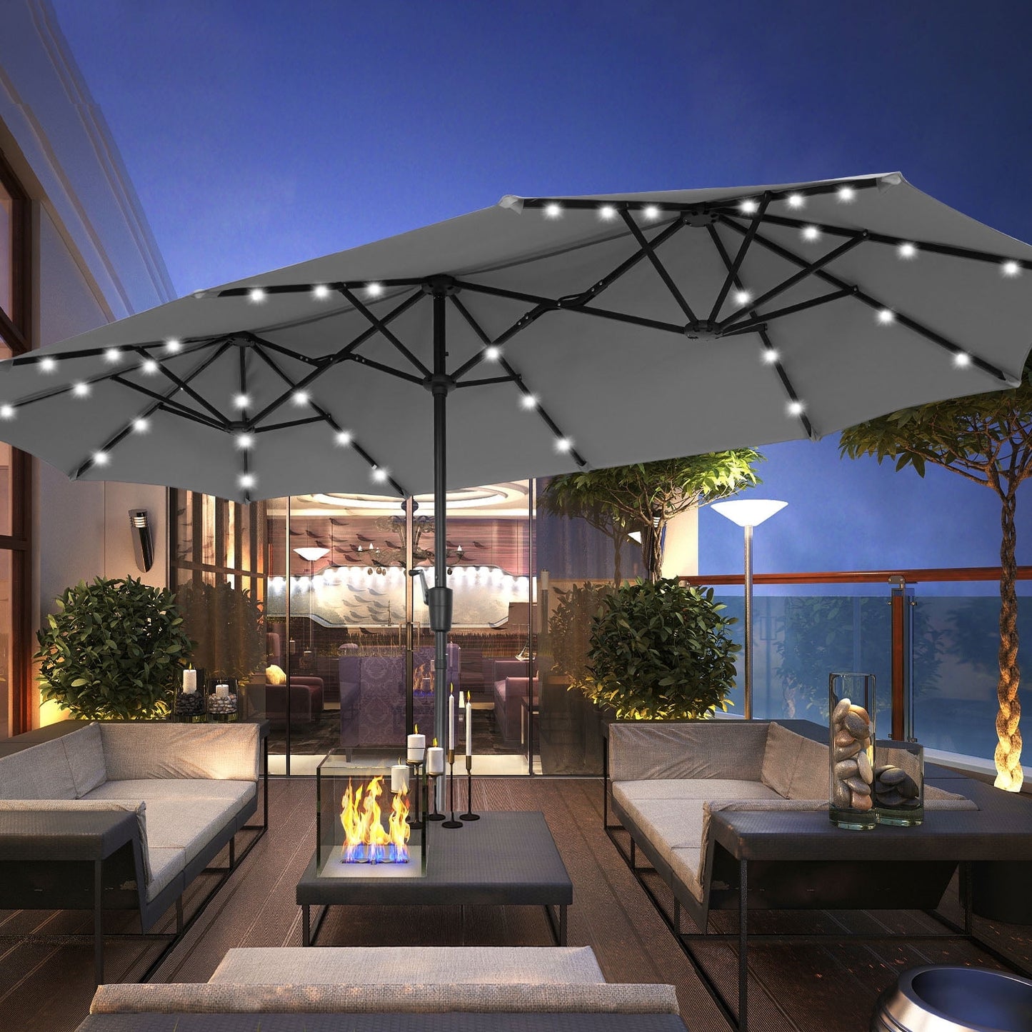 Autlaycil 13 Ft Solar LED Patio Umbrella, 36 Solar Powered LED Lights & Crank System for Garden, Deck, Poolside, Patio, Grey