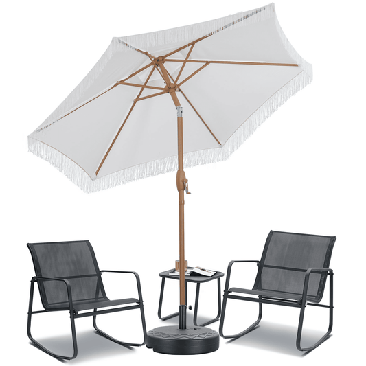 Autlaycil 5 Pcs Patio Outdoor Furniture Sets Contains 2 Textilene Fabric Rocking Bistro Chairs, a Table, a 7.5 ft Fringe Patio Umbrella with Button Tilt and a Umbrella Base, White