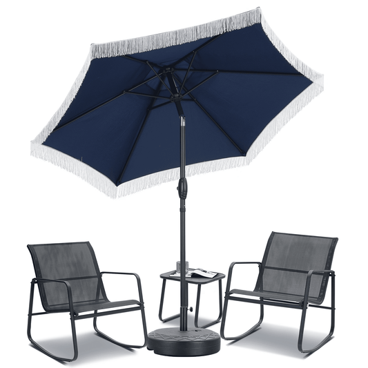 Autlaycil 5 Pcs Patio Outdoor Furniture Sets Contains 2 Textilene Fabric Rocking Bistro Chairs, a Table, a 7.5 ft Fringe Patio Umbrella with Button Tilt and a Umbrella Base, Navy Blue
