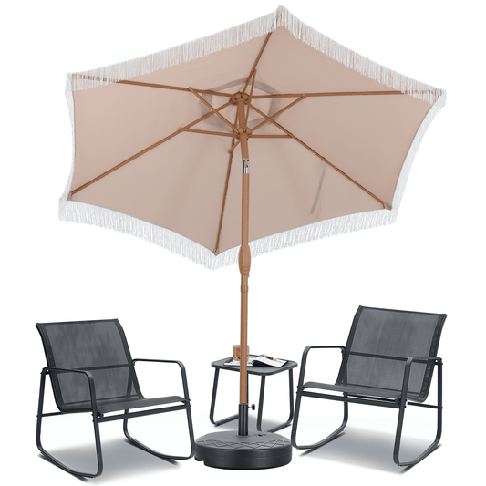 Autlaycil 5 Pcs Patio Outdoor Furniture Sets Contains 2 Textilene Fabric Rocking Bistro Chairs, a Table, a 7.5 ft Fringe Patio Umbrella with Button Tilt and a Umbrella Base, Khaki
