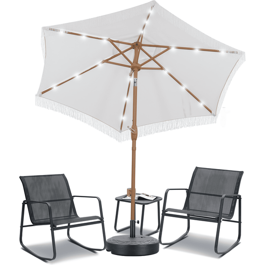 Autlaycil 5 Pcs Patio Outdoor Furniture Sets Contains 2 Textilene Fabric Rocking Bistro Chairs, a Table, a 7.5 ft Fringe Solar Umbrella with Button Tilt and a Umbrella Base, Whitw