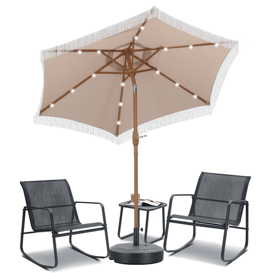 Autlaycil 5 Pcs Patio Outdoor Furniture Sets Contains 2 Textilene Fabric Rocking Bistro Chairs, a Table, a 7.5 ft Fringe Solar Umbrella with Button Tilt and a Umbrella Base, Khaki