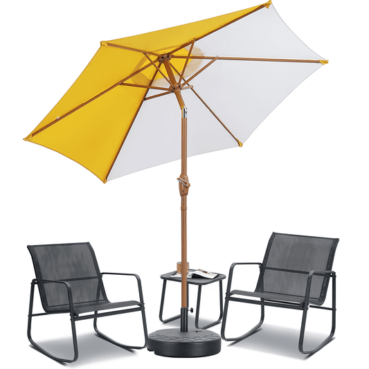 Autlaycil 5 Pcs Patio Outdoor Furniture Sets Contains 2 Textilene Fabric Rocking Bistro Chairs, a Table, a 7.5 ft Multicolour Patio Umbrella with Button Tilt and a Base, Yellow/White