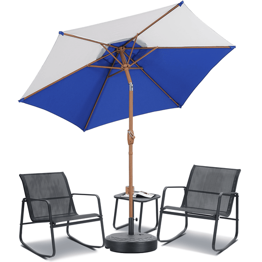 Autlaycil 5 Pcs Patio Outdoor Furniture Sets Contains 2 Textilene Fabric Rocking Bistro Chairs, a Table, a 7.5 ft Multicolour Patio Umbrella with Button Tilt and a Base, White/Blue