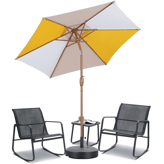 Autlaycil 5 Pcs Patio Outdoor Furniture Sets Contains 2 Textilene Fabric Rocking Bistro Chairs, a Table, a 7.5 ft Multicolour Patio Umbrella with Button Tilt and a Base, Yellow/Khaki/White