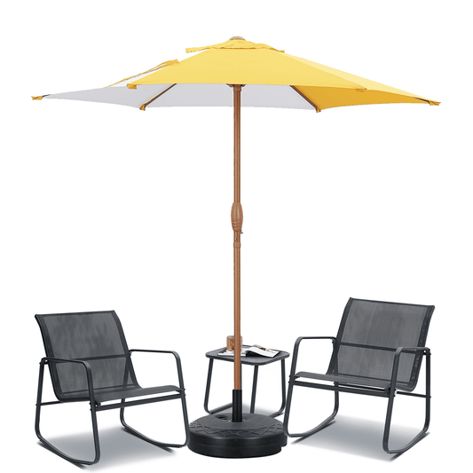 Autlaycil 5 Pcs Patio Outdoor Furniture Sets Contains 2 Textilene Fabric Rocking Bistro Chairs, a Table, a 7.5 ft Multicolour Patio Umbrella and a Umbrella Base, Yellow/White