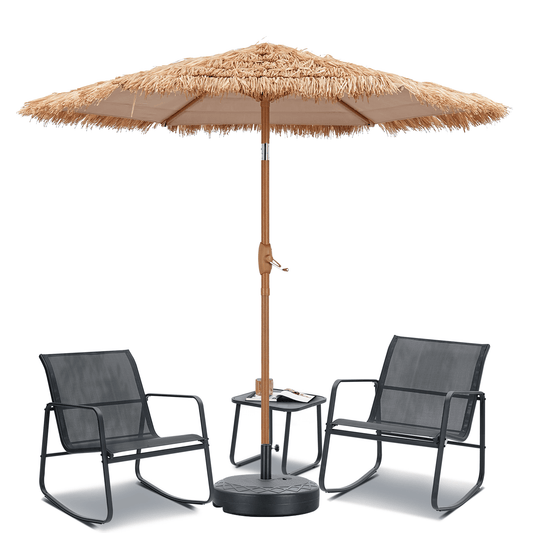 Autlaycil 5 Pcs Patio Outdoor Furniture Sets Contains 2 Textilene Fabric Rocking Bistro Chairs, a Table, a 7.5ft Tiki Straw Umbrella with Button Tilt and a Umbrella Base