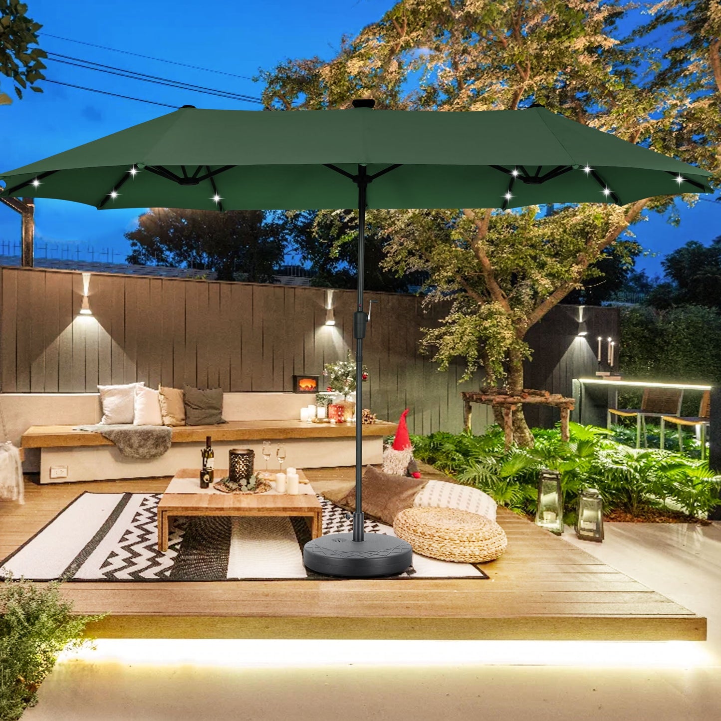 Autlaycil 13 ft Rectangle Patio Umbrella with Umbrella Base 36 LED lights for Market Patio Solar Umbrella (Green)