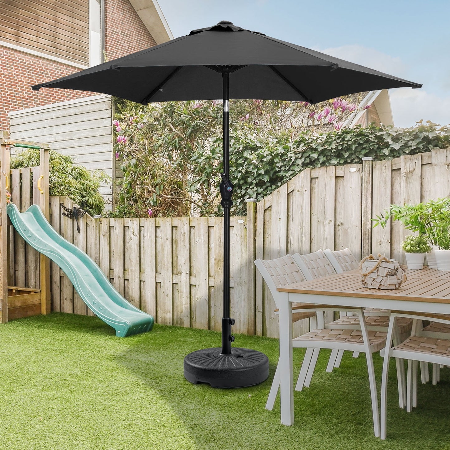 Autlaycil 7.5 FT Patio Umbrella and Matching Base, Push Button Tilt Market Umbrella, Crank and Sturdy Ribs for Garden, Deck, Backyard, Pool, Black