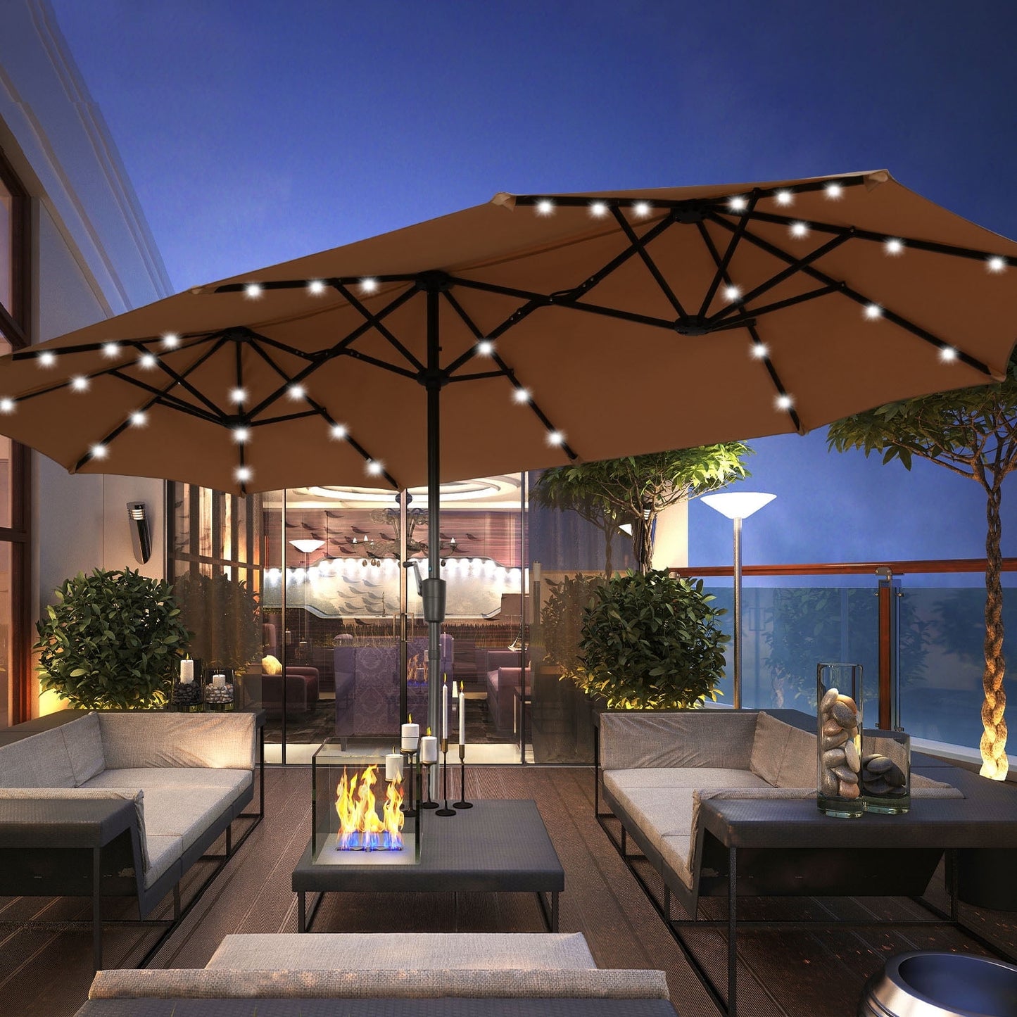 Autlaycil 13 Ft Solar LED Patio Umbrella, 36 Solar Powered LED Lights & Crank System for Garden, Deck, Poolside, Patio, Coffee