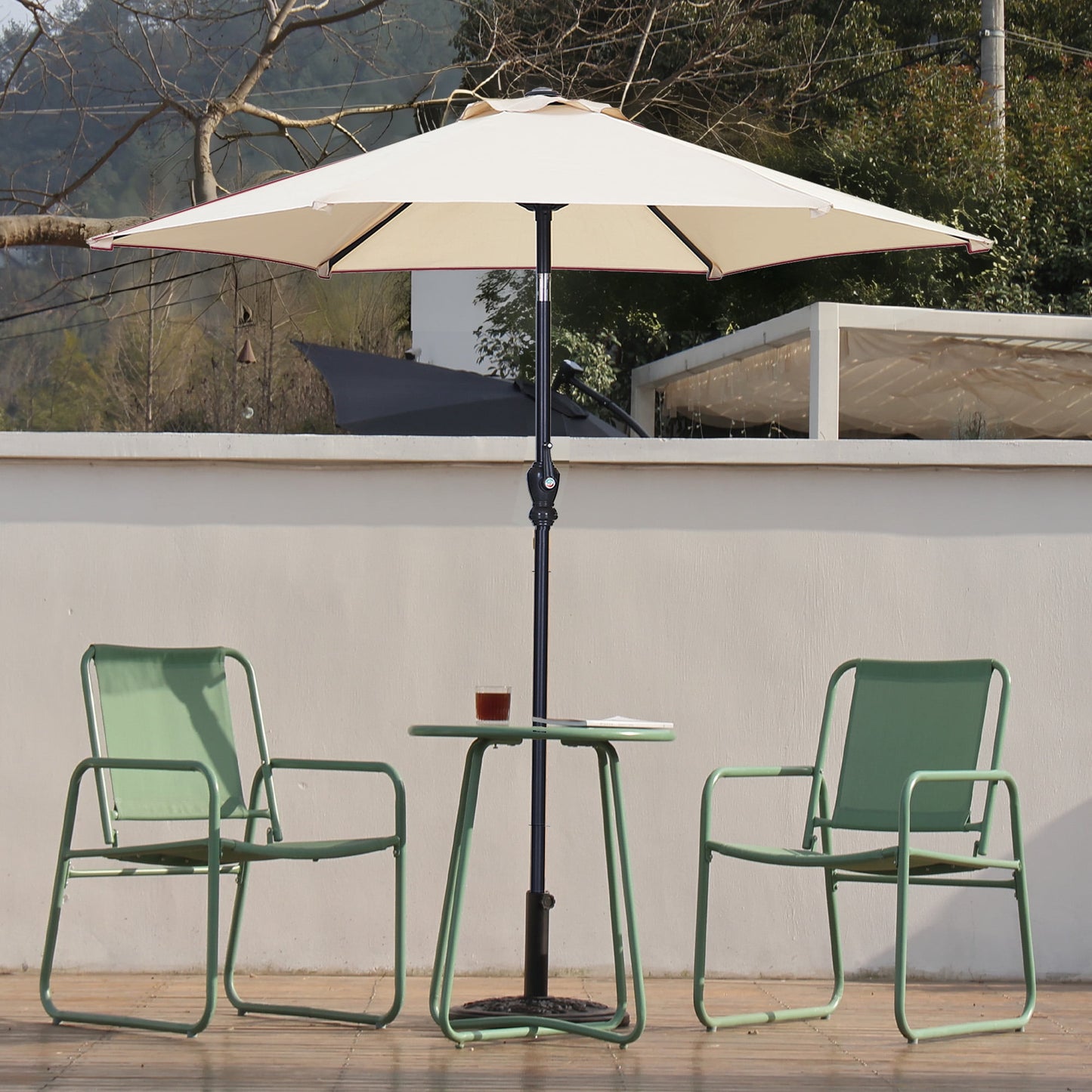 Autlaycil 7.5 ft Beige Patio Umbrella and Decorated Base, with Push Button Tilt and Crank for Beach, Pool, Outdoor
