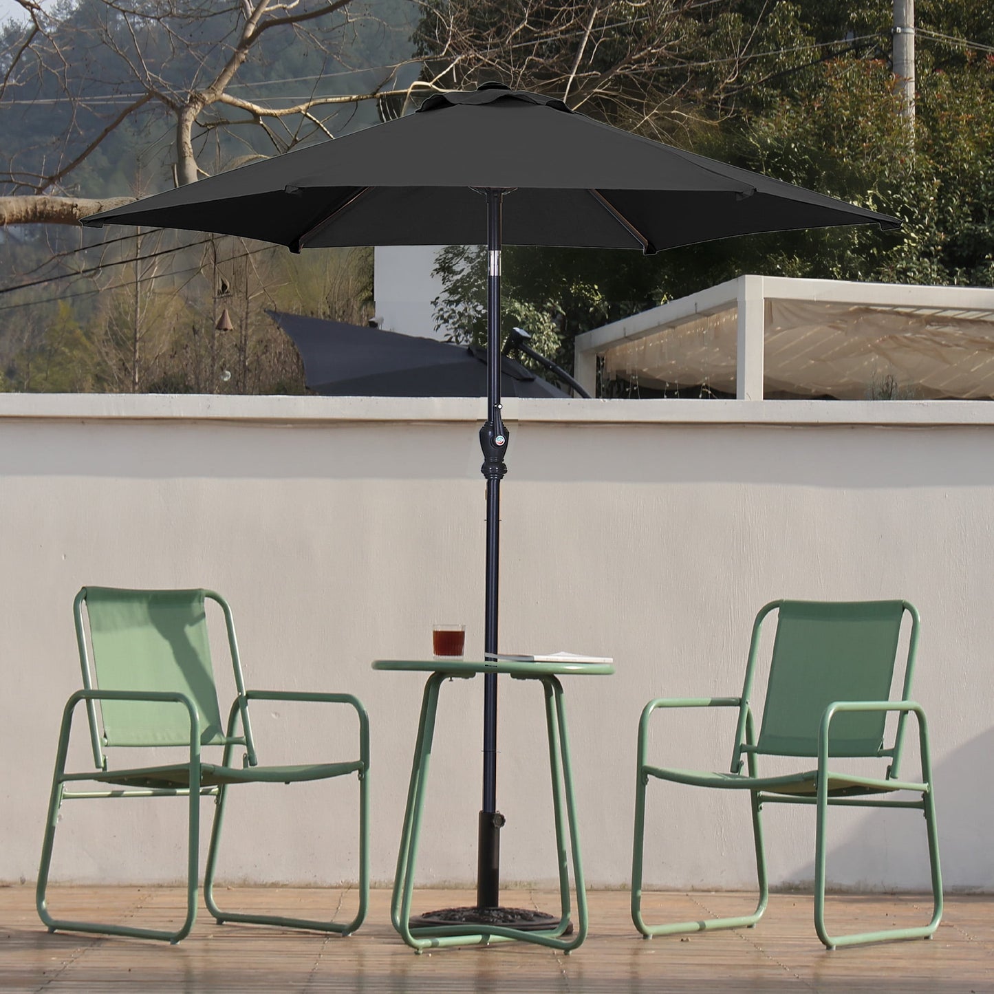 Autlaycil 7.5 ft Black Patio Umbrella and Decorated Base, with Push Button Tilt and Crank for Beach, Pool, Outdoor