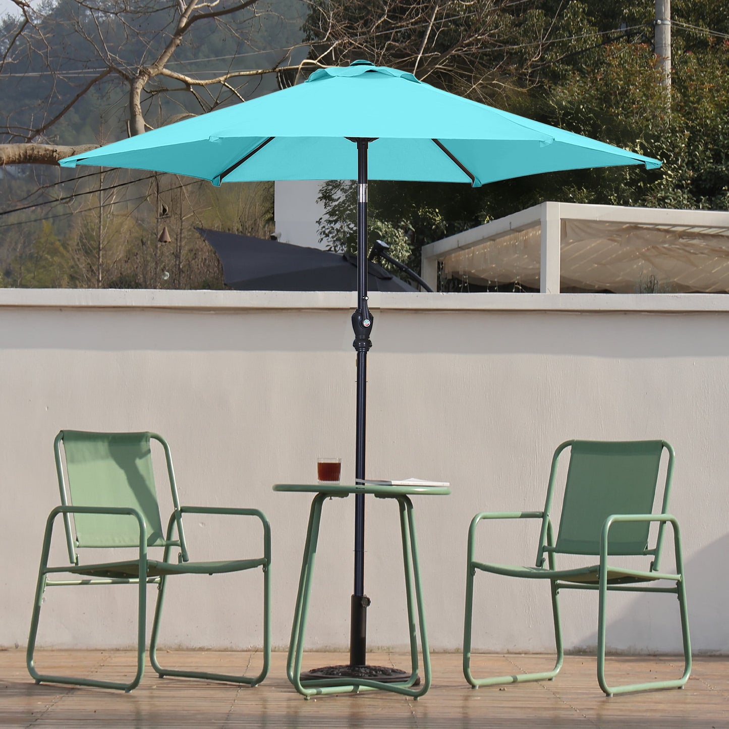 Autlaycil 7.5 ft Blue Patio Umbrella and Decorated Base, with Push Button Tilt and Crank for Beach, Pool, Outdoor