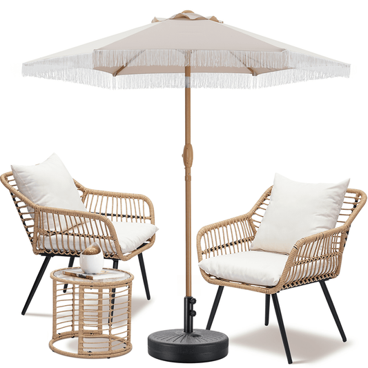 Autlaycil 7.5 ft Fringe Patio Umbrella and Umbrella Base and 3 Piece Outdoor Wicker Furniture Patio Bistro Set, Umbrella Button Tilt, Khaki