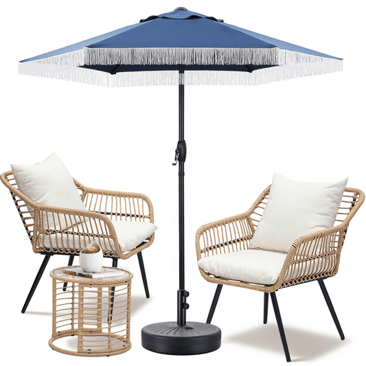 Autlaycil 7.5 ft Fringe Patio Umbrella and Umbrella Base and 3 Piece Outdoor Wicker Furniture Patio Bistro Set, Umbrella Button Tilt, Navy Blue