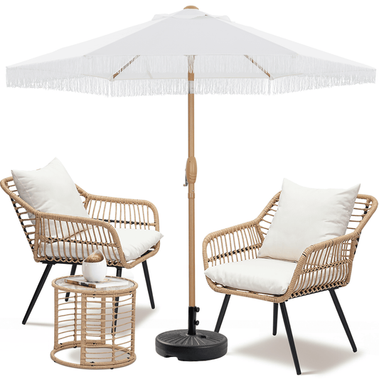 Autlaycil 7.5 ft Fringe Patio Umbrella and Umbrella Base and 3 Piece Outdoor Wicker Furniture Patio Bistro Set, Umbrella Button Tilt, White