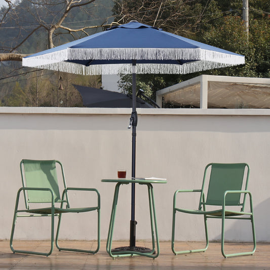 Autlaycil 7.5 ft Navy Blue Fringe Patio Umbrella and Base, with Push Button Tilt and Crank for Beach, Pool, Outdoor