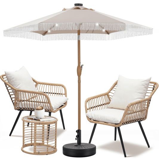 Autlaycil 7.5 ft Fringe Solar Umbrella and Umbrella Base and 3 Piece Outdoor Wicker Furniture Patio Bistro Set, Umbrella Button Tilt, Khaki