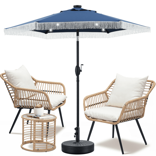 Autlaycil 7.5 ft Fringe Solar Umbrella and Umbrella Base and 3 Piece Outdoor Wicker Furniture Patio Bistro Set, Umbrella Button Tilt, Navy Blue