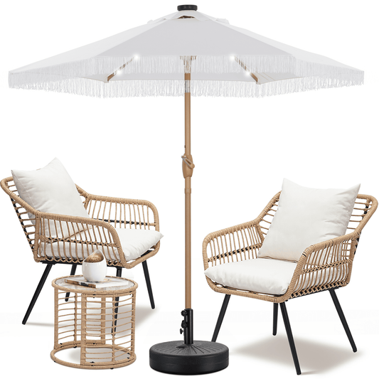 Autlaycil 7.5 ft Fringe Solar Umbrella and Umbrella Base and 3 Piece Outdoor Wicker Furniture Patio Bistro Set, Umbrella Button Tilt, White