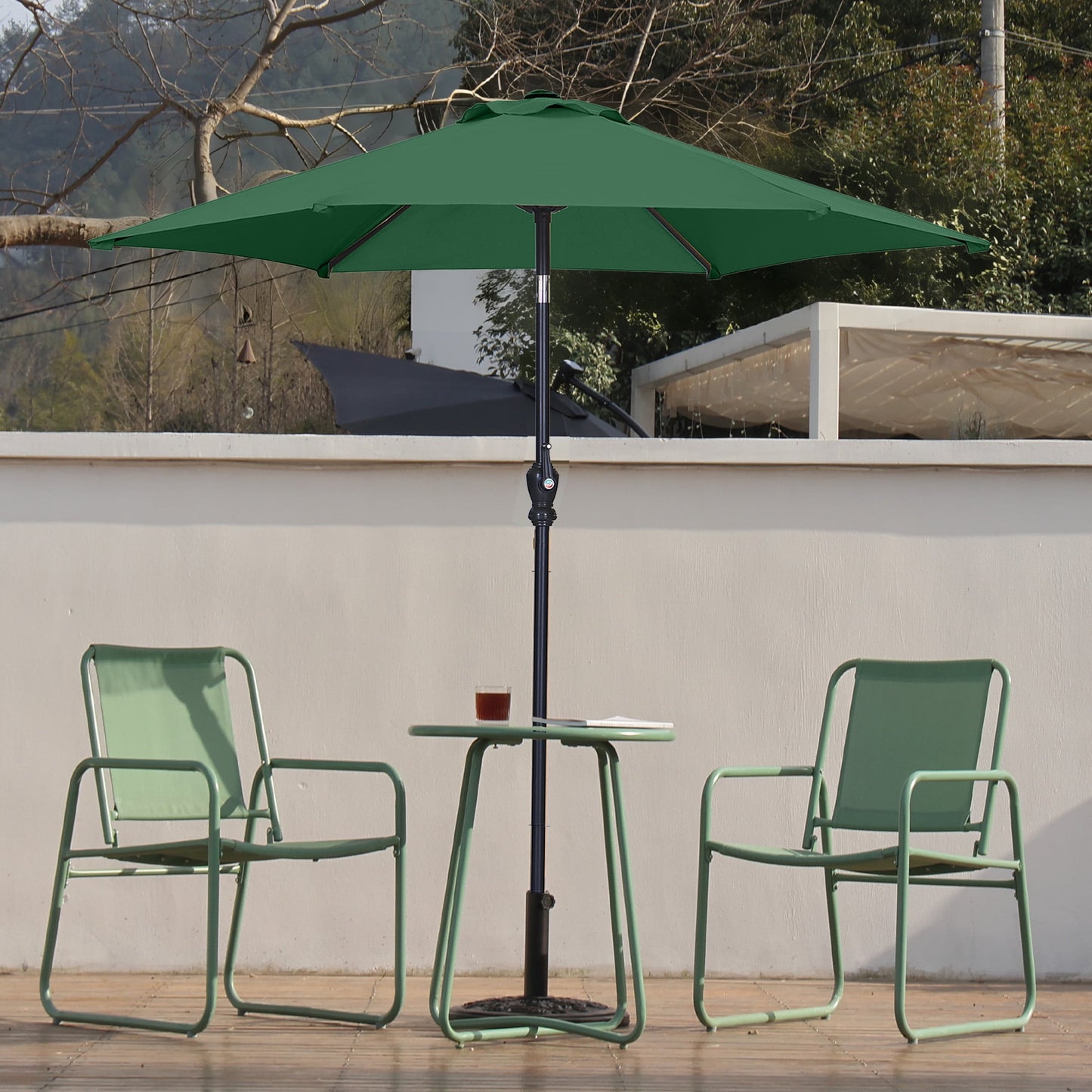 Autlaycil 7.5 ft Green Patio Umbrella and Decorated Base, with Push Button Tilt and Crank for Beach, Pool, Outdoor