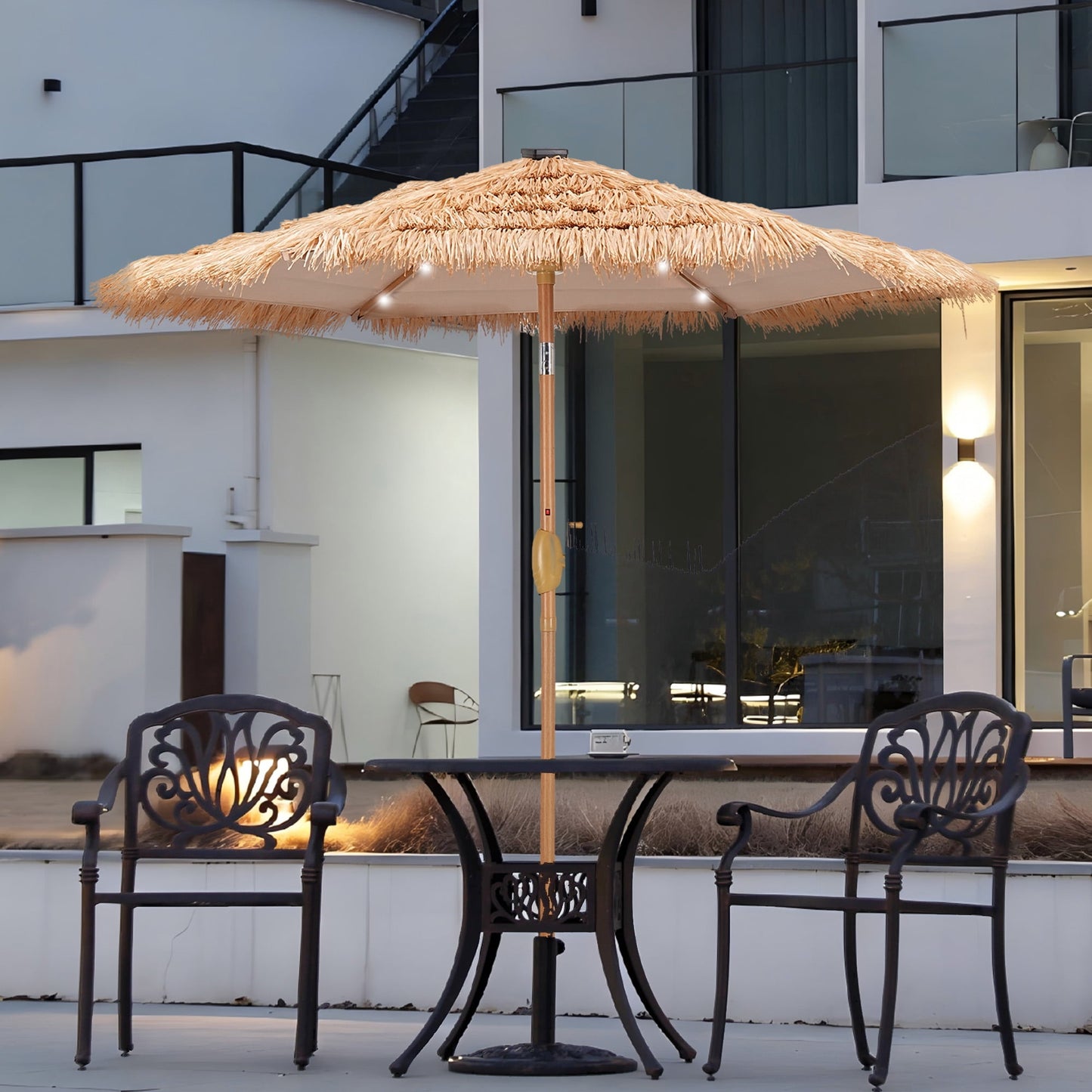 Autlaycil 7.5 ft Hula Tik Patio Umbrella with Base, 18 Solar LED Lights, Plastic straw, Outdoor, Pool, Beach
